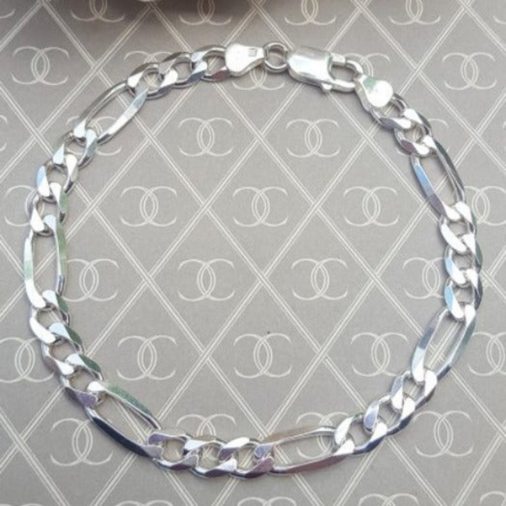 18k White Gold Figaro Chain Link Womens Bracelet 8" 18 Karat Silver Jewelry New